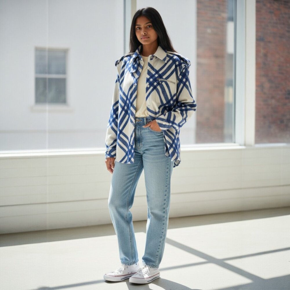 Burberry Women’s Check Wool Shirt | Equestrian Knight Logo Plaid Top Size 4 Blue - Picture 4 of 8